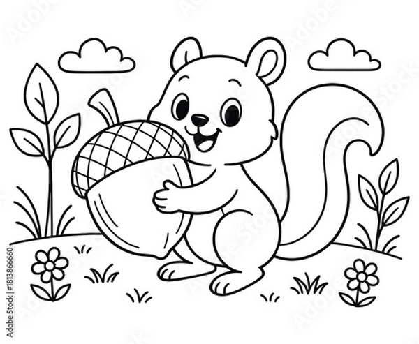 Fototapeta Cute squirrel holding acorn on field with grass and flowers coloring page vector