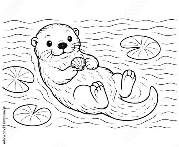 Fototapeta Happy otter floating on water with leaves and shell coloring page vector design