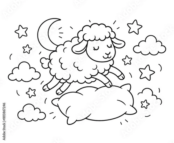 Fototapeta Dreamy Sheep Cartoon Jumping Over Soft Pillow with Moon and Stars Vector Graphic
