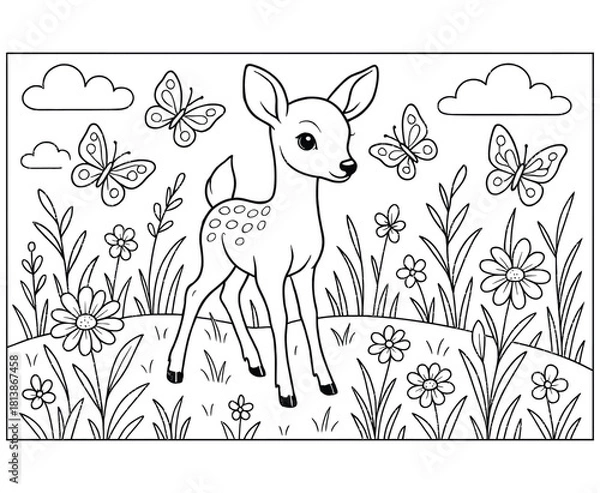 Fototapeta Cute Fawn Standing in Meadow Surrounded by Butterflies and Flowers Vector