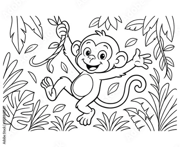 Fototapeta Playful monkey swinging on vine in jungle foliage outlined vector illustration