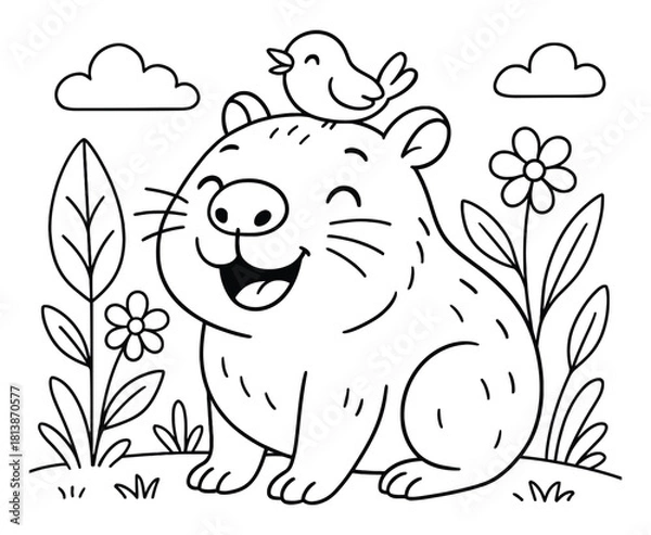 Fototapeta Whimsical drawing of happy groundhog with bird on head and flower in garden