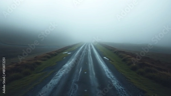 Fototapeta divergence. A conceptual image of a single path dividing into two roads in a misty landscape, symbolizing life choices and uncertainty. wellbeing guides.