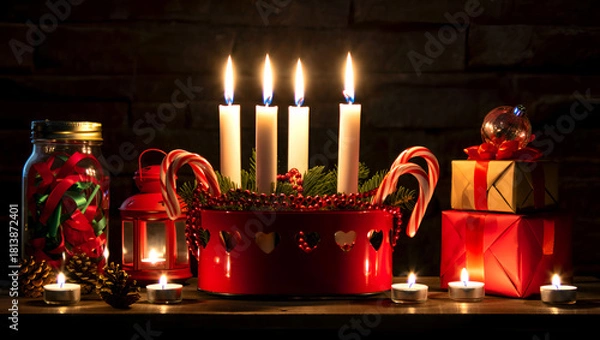 Fototapeta Advent Candle Holder with Festive Decorations on Dark Chalkboard Background