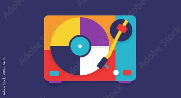 Obraz Colorful vinyl record player illustration on a dark blue background.