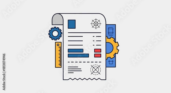 Obraz Detailed Invoice or Receipt with Gears and Ruler Illustrating Financial Management.