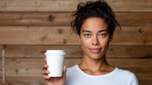 Fototapeta Female Barista Holding a Blank White Takeaway Cup in a Minimalist Coffee Shop

