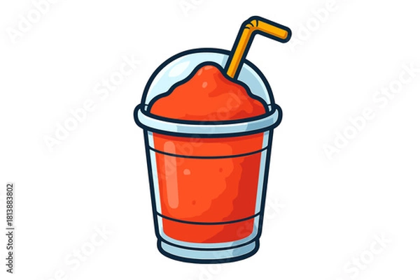 Fototapeta Refreshing red slushie drink in plastic cup with dome lid and bent straw on white