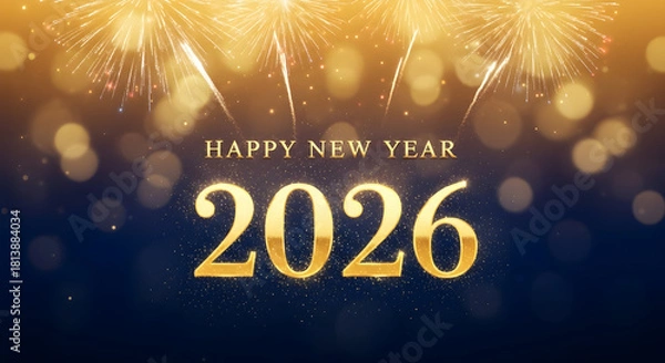 Fototapeta Festive "Happy New Year 2026" greeting with golden fireworks display and sparkling bokeh lights on a dark blue background.