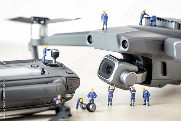 Fototapeta Miniature engineers maintaining and repairing modern drone
