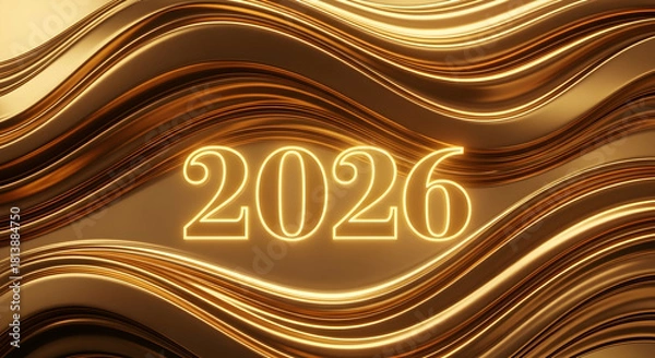 Fototapeta Golden "2026" with a glowing outline, set against an abstract backdrop of rich, undulating wavy lines.