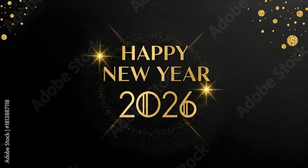 Fototapeta Sophisticated "Happy New Year 2026" in golden text, framed by abstract light rays and glittering confetti on a sleek black background.