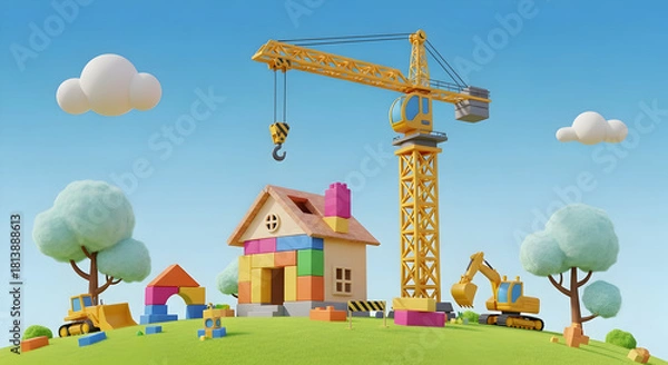 Fototapeta Cute Cartoon House Under Construction with Building Blocks, Crane and Excavator on a Grassy Hill