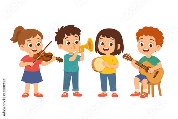 Fototapeta Happy diverse children playing musical instruments together in a small band performance