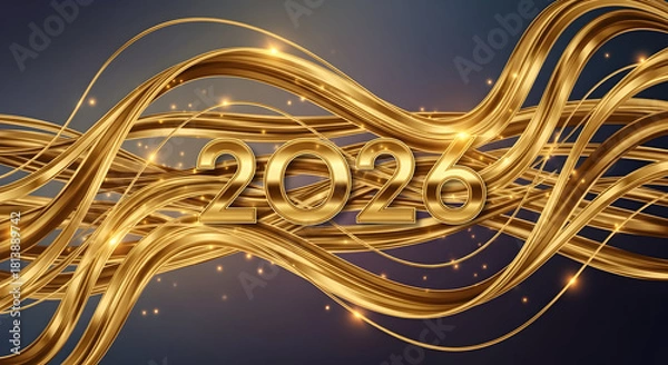 Fototapeta Abstract Golden Wavy Lines Textured Background with Sparkling Year 2026 for New Year Celebration