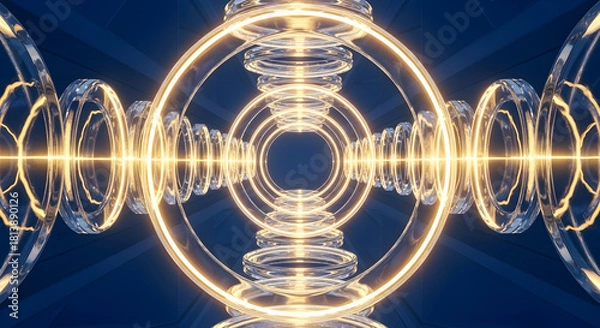 Fototapeta Abstract Futuristic Tunnel of Glowing Golden Rings on a Dark Blue Background