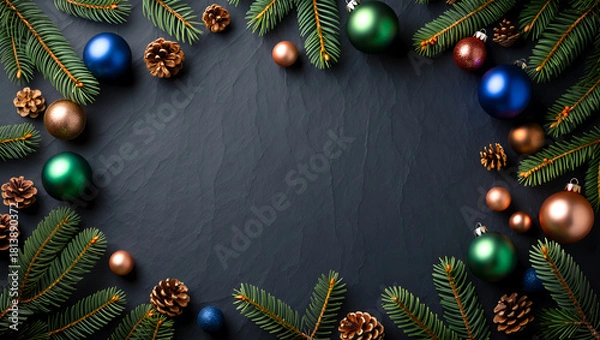 Fototapeta Christmas Flat Lay with Pine Branches and Colorful Ornaments on Dark Background