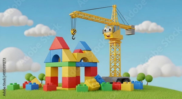 Fototapeta Cute Cartoon Crane Building a House with Colorful Toy Blocks on a Grassy Hill