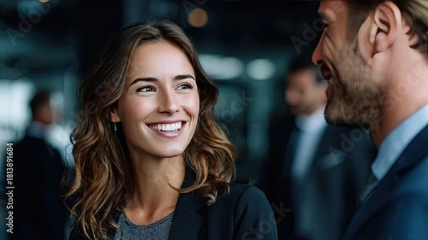 Fototapeta Engaging Business Conversation: A bright and confident woman in a business suit engages in a captivating dialogue with a colleague, reflecting the essence of professional connection and rapport.
