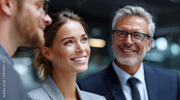 Fototapeta Business Meeting: Three professionals are engaged in a dynamic exchange, showcasing collaboration and thoughtful communication in an office environment.