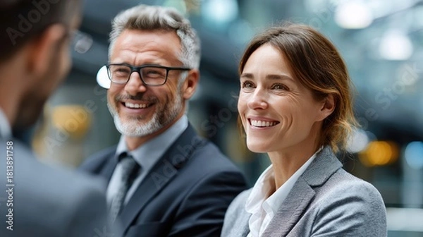 Fototapeta Collaboration: A team of professionals engages in a productive meeting, exchanging ideas, smiling and in a modern office environment. 