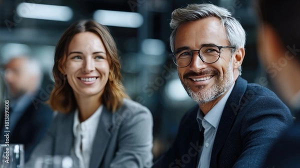 Fototapeta Collaboration and Partnership: Business colleagues engaging in a dynamic business meeting, embodying focus and success in a collaborative environment.