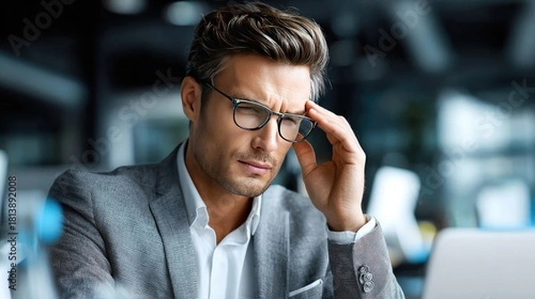 Fototapeta Mindful Decision-Making: A pensive individual is deep in thought, capturing a moment of contemplation and concern in a dynamic modern setting.