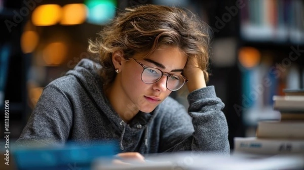 Fototapeta Focused Student in Library: A young individual, absorbed in study, leans on a hand while wearing eyeglasses, surrounded by books in a library, embodies knowledge and concentration. 