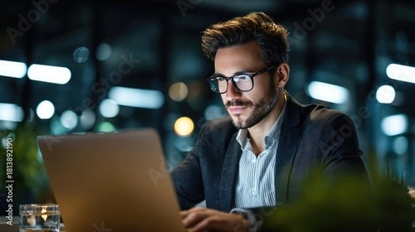 Fototapeta Focused Professional at Work: A sharp-dressed man, engrossed in his laptop, works with intense focus, showcasing a blend of professionalism and concentration.