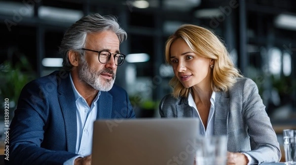 Fototapeta Consultation and Collaboration: Two professionals engaged in a focused discussion, analyzing data on a laptop in a modern office, representing the core of teamwork and expertise. 