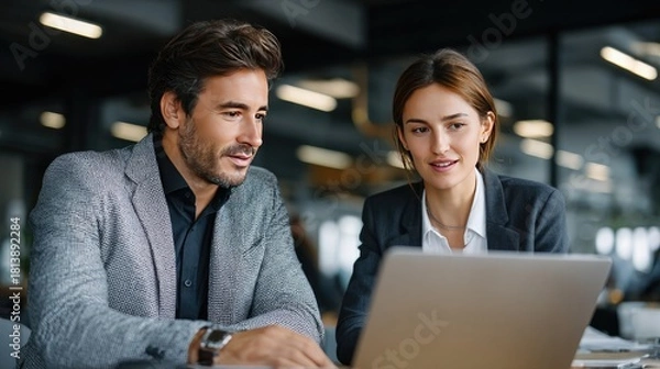 Fototapeta Business Discussions and Collaboration: Two professionals engage in a focused discussion, working closely together on a project, their attention captured by a laptop screen.