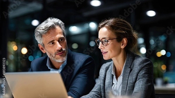 Fototapeta Collaboration in the Workplace: Two focused business professionals intently review data on a laptop, their faces illuminated by the screen's glow.