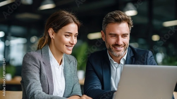 Fototapeta Collaborative Insights: A focused professional couple, immersed in a collaborative environment, reviews data, sharing insights and ideas using technology.