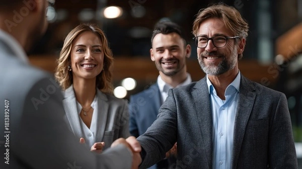 Fototapeta Handshake in Business Deal: The image captures a pivotal moment of collaboration as two individuals seal a successful business agreement with a firm handshake.