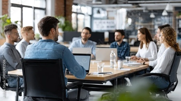Fototapeta Business Strategy Session: Colleagues gather in a modern office setting, engaged in a dynamic meeting around a conference table. Focused on collaboration and teamwork to drive productivity.