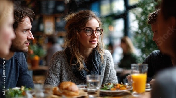 Fototapeta Intimate Lunchtime Conversations: A group of friends gathers around a table, the atmosphere is filled with easy laughter, candid discussions, and warm, shared meals, captured in natural lighting.