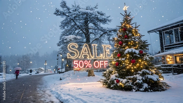 Fototapeta Snowy Christmas tree with sale 50 off neon lights and winter scene full hd 4k stock image download