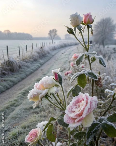 Fototapeta Pink and full hd 4k stock image download white roses covered in frost along a frozen path at sunrise