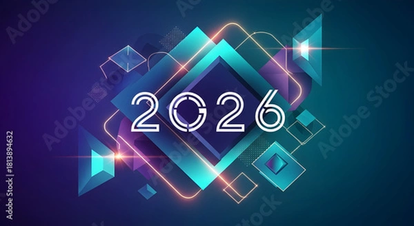 Fototapeta Futuristic Abstract Geometric Background with Glowing Lines and Year 2026