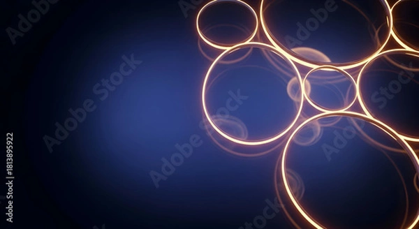Fototapeta Abstract Golden Glowing Circles on Dark Blue Background with Copy Space