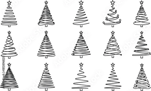Fototapeta Set of 15 Abstract Christmas Tree Vector Icons, Continuous Line Art Design Collection, Minimalist Xmas Holiday Decoration