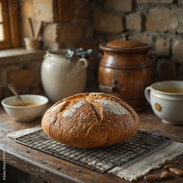 Fototapeta Fresh bread with ceramic jugs on table, warm rustic kitchen scene with soft light