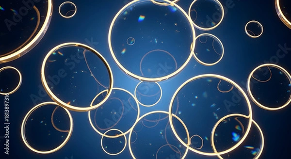 Fototapeta Abstract Background of Glowing Golden Circles and Particles on a Dark Blue Field