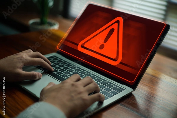 Fototapeta A cyber warning alert displayed on a laptop screen as a user types, representing system risk, cybersecurity threats, data protection, and digital security awareness for modern technology.