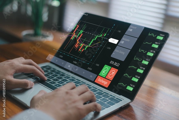 Fototapeta A trader analyzing real-time financial charts on a laptop, representing online trading, stock market analysis, investment strategy, and digital finance technology for modern market decision-making.