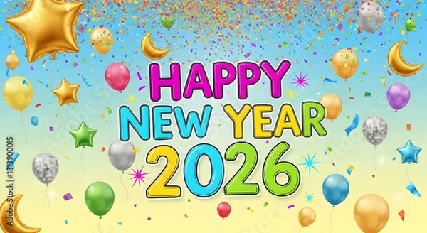 Fototapeta Happy New Year 2026 cheerful greeting with colorful balloons and confetti on a vibrant gradient background, festive.