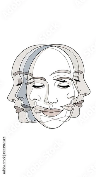 Fototapeta Abstract illustration of multiple overlapping faces representing different emotions and personalities.