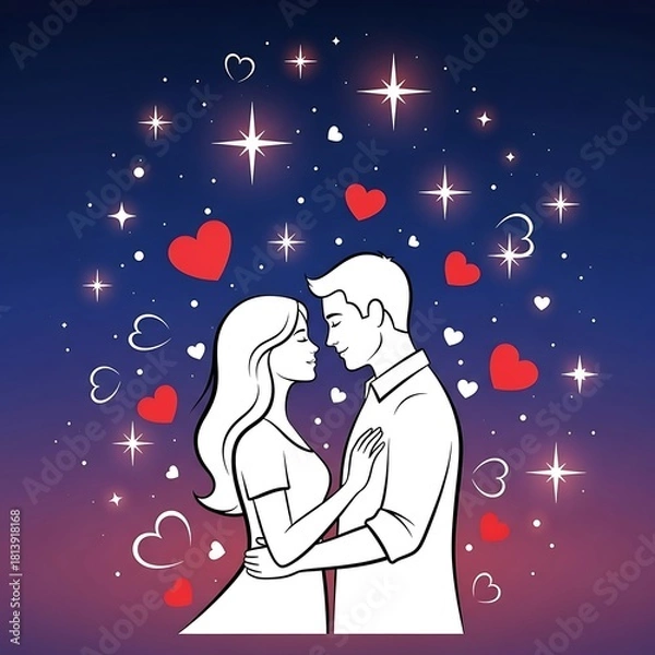 Fototapeta Romantic Couple Embracing Under a Starry Night Sky Filled with Hearts.