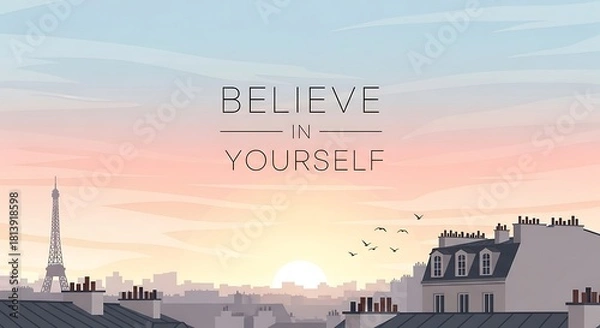 Fototapeta Believe in Yourself - Inspirational Quote Overlooking Parisian Sunset.