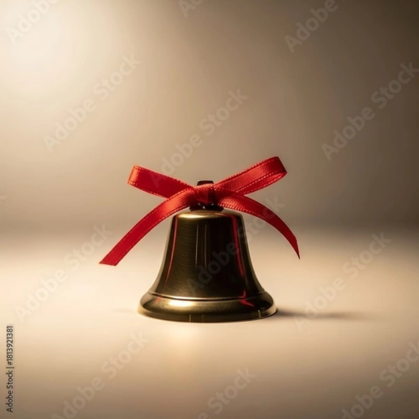 Fototapeta A Single Brass Bell Adorned with a Red Ribbon.